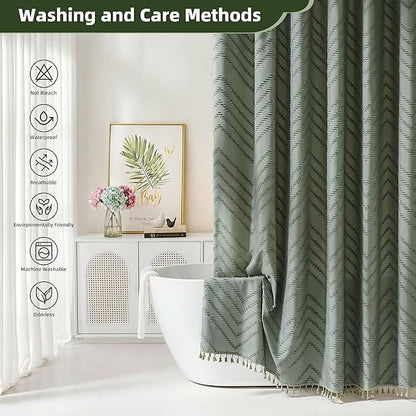 Siiluminisoy Sage Green Shower Curtain for Bathroom Boho Shower Curtain | Cloth Textured Tufted Chevron Elegant Shower Curtains Waterproof for Bathroom 72" x 72"