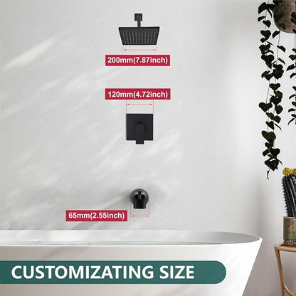 Heyalan 8 Inch Shower Faucet Set with Tub Spout and Valve,Matte Black | 8-inch square rainfall head, tub spout with diverter, male-thread rough-in valve, single-handle control and wall-mount design