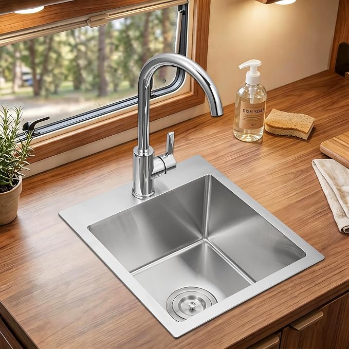 15 inch Bar Sink Drop in, 304 Stainless Steel Sink Single Bowl, 15"x17"x8" Small Sink Topmount for Wet Bar, Prep, RV, Apartment and Tiny Homes, Brushed
