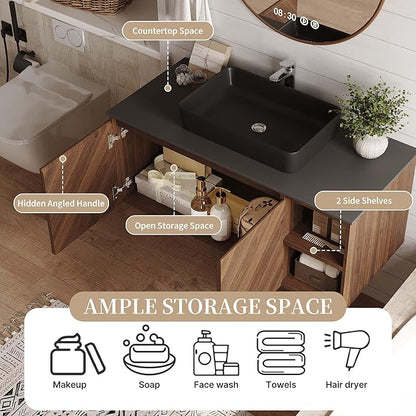 36 Inch Floating Vanity Bathroom with Single Sink, Wall-Mounted Floating Bathroom Cabinet with Sintered Stone Countertop & Black Ceramic Basin, Ample Storage and Open Shelves, Dark Wood