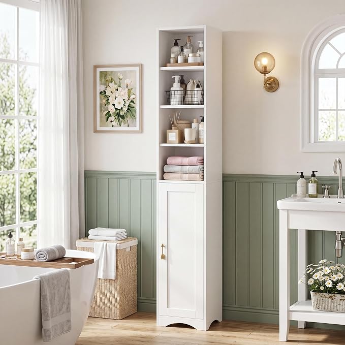 VECELO Narrow Tall Cabinet with Closed Door, 6 Adjustable Movable Shelves, Wood Space Saving Corner Storage Unit, Pearl White