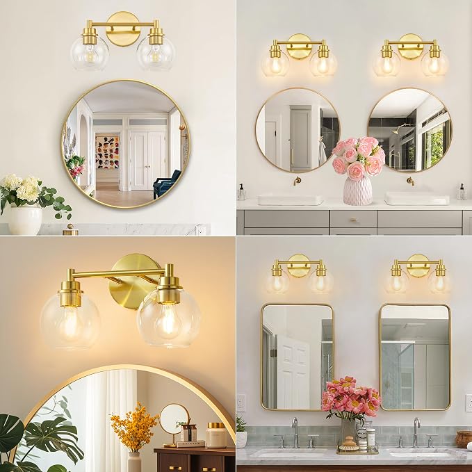 Bathroom Light Fixtures, Vanity Lights for Bathroom 2-Light Gold, Bathroom Lighting Fixtures Over Mirror with Clear Glass Globe Shade, Bathroom Vanity Light for Living Room Kitchen Bedroom Hallway