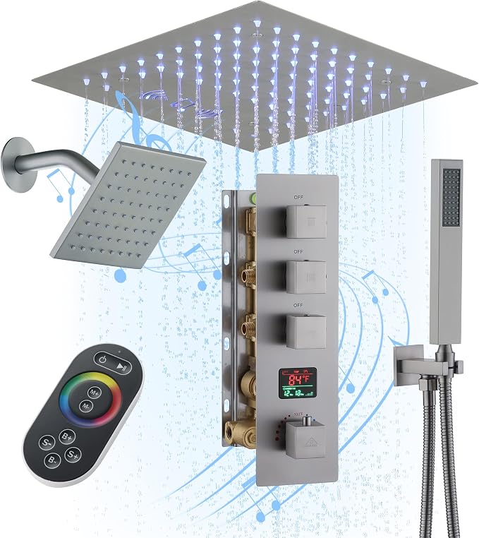 CASAINC Thermostatic Shower System 12" Ceiling-Mounted Rain Shower Head with 6" Shower Head, Smart Shower System with Handheld Spray, LED Light & Music, Water Temperature Display (Brushed Nickel)