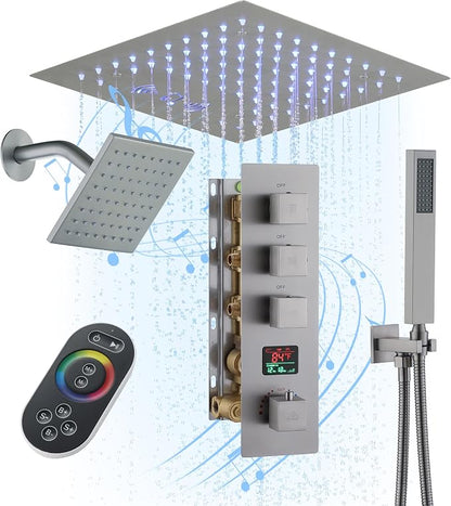 CASAINC Thermostatic Shower System 12" Ceiling-Mounted Rain Shower Head with 6" Shower Head, Smart Shower System with Handheld Spray, LED Light & Music, Water Temperature Display (Brushed Nickel)