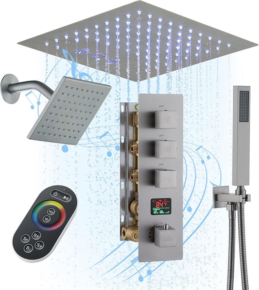 CASAINC Thermostatic Shower System 12" Ceiling-Mounted Rain Shower Head with 6" Shower Head, Smart Shower System with Handheld Spray, LED Light & Music, Water Temperature Display (Brushed Nickel)