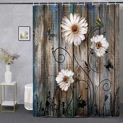 Rustic Shower Curtain Set Grey Floral Fabric Bath Curtain 12 Hooks Butterfly Daisy American Country Farm Style 84W×72 L Inches