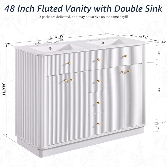 T4TREAM 48 Inch Bathroom Vanity with Sink, Modern Fluted Large Double Sink Bathroom Vanity with 2 Storage Cabinets, Adjustable Shelf, and 2 Drawers, Solid White