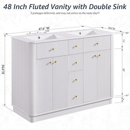 T4TREAM 48 Inch Bathroom Vanity with Sink, Modern Fluted Large Double Sink Bathroom Vanity with 2 Storage Cabinets, Adjustable Shelf, and 2 Drawers, Solid White