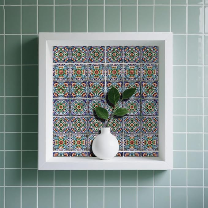 36 Pcs 4 Styles Retro Floral Patten Tile Sticker Imitation 3D Relief Patten Wall Tile Stickers Waterproof Self Adhesive Stick on Decals for Kitchen Bathroom Wall 4×4 Inch