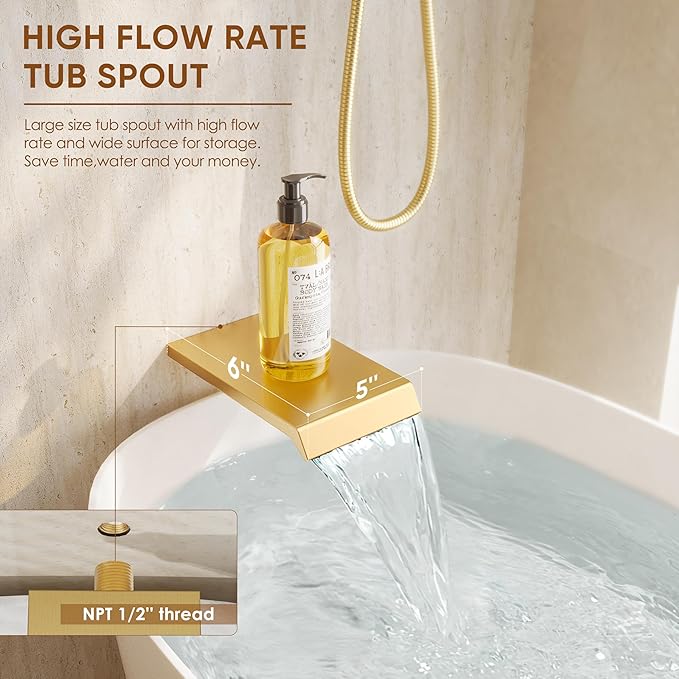 Brushed Gold Shower System with Tub Spout and 10“ Rain Shower Head | All Metal Tub Shower Faucet Set with Shower Head and Handheld combo set,Wall Mounted Shower System with valve and Trim kit