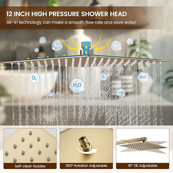 MONDAWE 12 Inch Wall Mounted Brushed Gold Shower System, 3-Function Shower Faucet Set with Rainfall Dual Shower Head and High Pressure 4-Setting Handheld, All Functions Can be Used At the Same Time