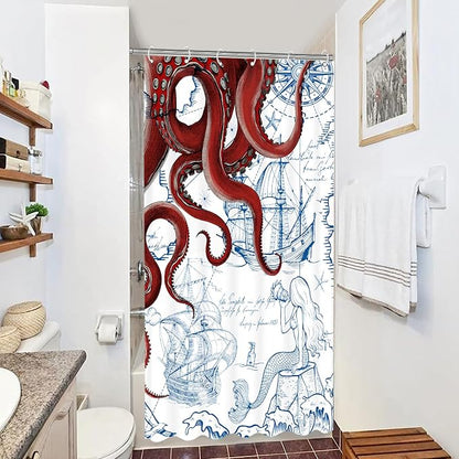 Fungarth Stall Red Nautical Octopus Shower Curtain Navy Blue Mermaid Funny Ocean Kraken Shower Curtains for Bathroom Cool Anchor Coastal Map Waterproof Fabric Bath Curtain Decor (Red, 36” x 72”)