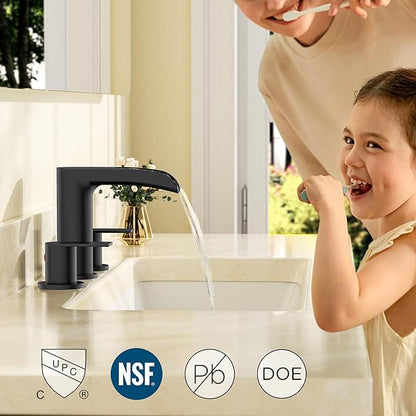 FORIOUS Bathroom Sink Faucet, Black Waterfall Bathroom Faucet Widespread 8 Inch 3 Hole with Pop-Up Drain and Water Supply, All-Metal Construction and Two Handle for Vanity, Lavatry, Farmhouse