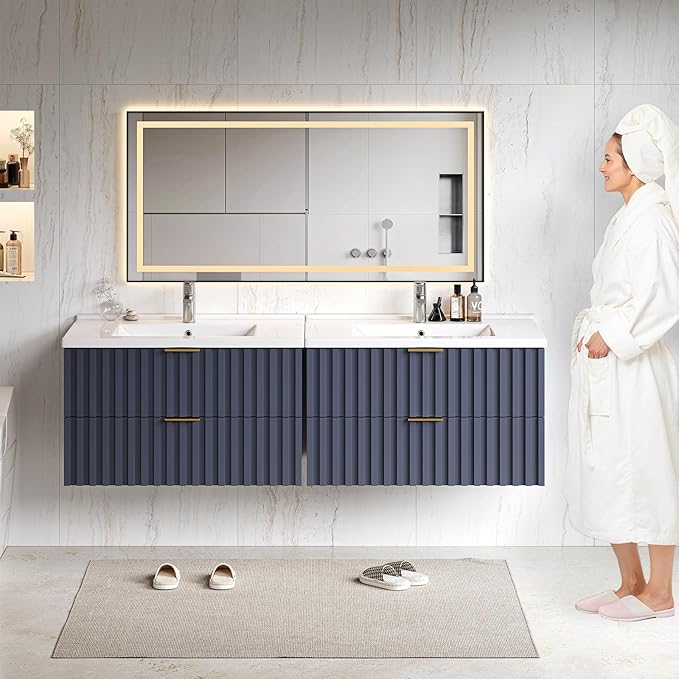ONBRILL 30 Inch Bathroom Vanity with Sink Combo, Floating Bathroom Vanity with 2 Fluted Drawers & Metal Handle, Modern Wall Mount Storage Cabinet with Ceramic Integrated Sink for Small Space (Blue)
