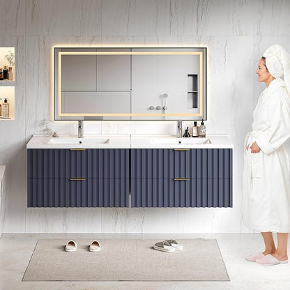 ONBRILL 30 Inch Bathroom Vanity with Sink Combo, Floating Bathroom Vanity with 2 Fluted Drawers & Metal Handle, Modern Wall Mount Storage Cabinet with Ceramic Integrated Sink for Small Space (Blue)