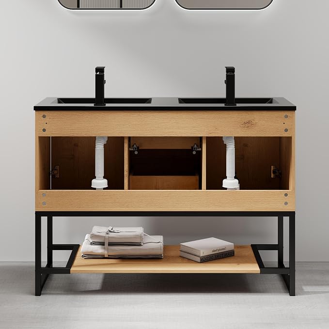 LUCKWIND 48" Modern Bathroom Vanity with Dual Black Sink Combo, Freestanding Storage Cabinet with Metal Frame, Water-Saving Faucet and Open Shelf and 2 Soft-Closing Door, Natural