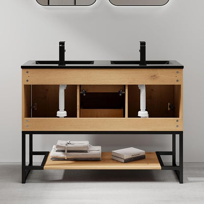 LUCKWIND 48" Modern Bathroom Vanity with Dual Black Sink Combo, Freestanding Storage Cabinet with Metal Frame, Water-Saving Faucet and Open Shelf and 2 Soft-Closing Door, Natural