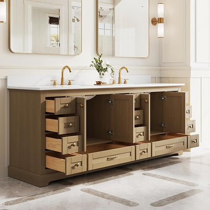 WELLFOR 84 Inch Bathroom Vanity with Double Sinks, Bathroom Freestanding Vanity W/4 Soft-Close Doors and 14 Drawers, Large Storage Space Vanity, Cultured Marble Countertop Vanities (Oak)