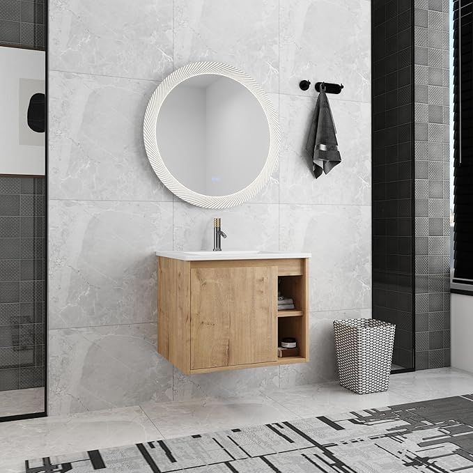 24 Inch Bathroom Vanity with Sink, Imitative Oak Modern Wall Mount Floating Vanity Set with Soft-Closing Door and Ceramic Basin, Contemporary Styling for Elegant Bathrooms
