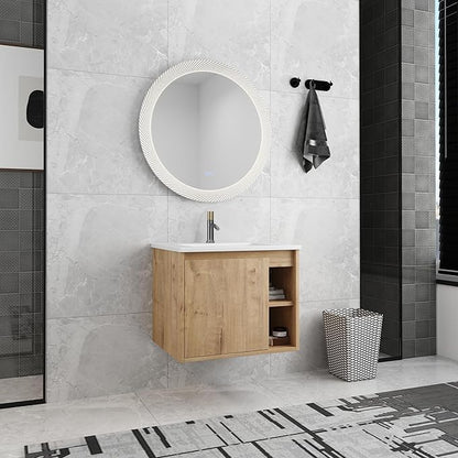 24 Inch Bathroom Vanity with Sink, Imitative Oak Modern Wall Mount Floating Vanity Set with Soft-Closing Door and Ceramic Basin, Contemporary Styling for Elegant Bathrooms