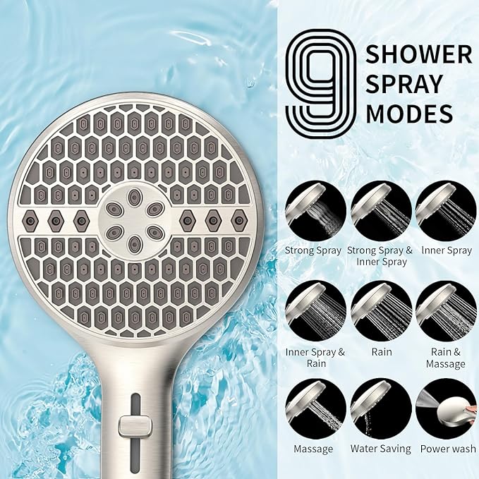 Brushed Nickel Handheld Shower Head, 9 Spray Modes High Pressure Showerhead | 71 Inch Kink-free Hose, Power Wash for Low Pressure Homes, Pet Tub Tile Cleaning