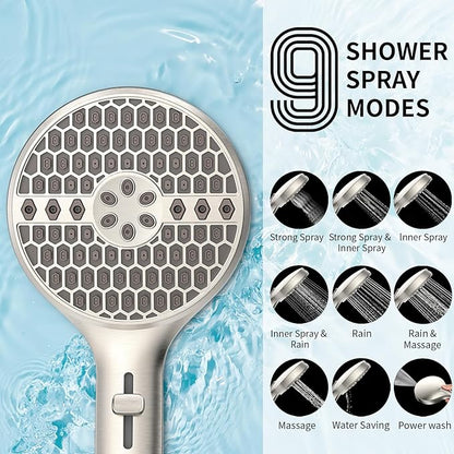 Brushed Nickel Handheld Shower Head, 9 Spray Modes High Pressure Showerhead | 71 Inch Kink-free Hose, Power Wash for Low Pressure Homes, Pet Tub Tile Cleaning