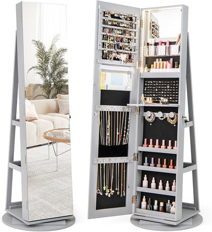 GOFLAME 360° Rotating Jewelry Cabinet with Full-Length Mirror, Freestanding Jewelry Armoire with 3-Color LED Light and Back Storage Shelf, Lockable Jewelry Organizer for Bedroom Cloakroom, Gray