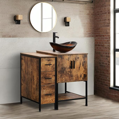 UEV 36" Rustic Brown Bathroom Vanity with Sink Combo,Industrial Iron Frame Bathroom Cabinet Sets with 3 Drawers Side Cabinet,Modern Brown Boat Tempered Glass Vessel Sink(029BR)
