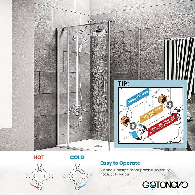 gotonovo Exposed Bathroom Shower System Two Cross Handle Polished Chrome | Vintage Brass Tub Shower Faucet Set,8’’ Rain Head with Handheld Spray,Swivel Tub Spout,6’’ Hole Distance,Adjustable Height