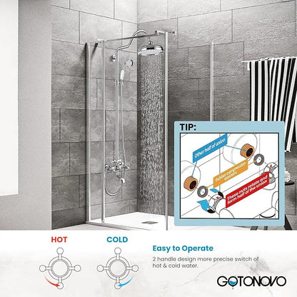 gotonovo Exposed Bathroom Shower System Two Cross Handle Polished Chrome | Vintage Brass Tub Shower Faucet Set,8’’ Rain Head with Handheld Spray,Swivel Tub Spout,6’’ Hole Distance,Adjustable Height