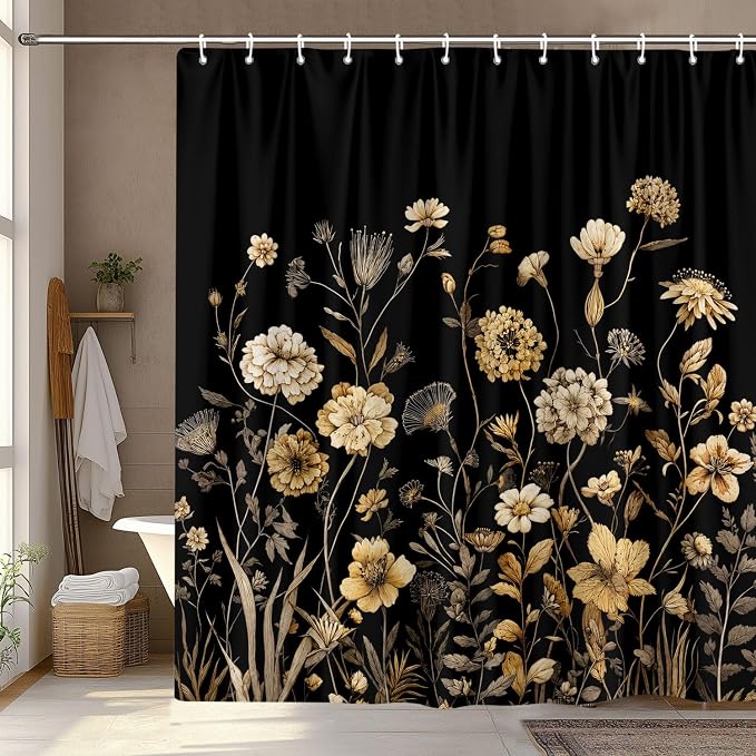 Vintage Boho Black Gold Floral Shower Curtain, Rustic Farmhouse Flower Shower Curtain Set, Cute Botanical Wlidflowers Fabric Shower Curtains Decoration, 72X72 Aesthetic Bathroom Accessories