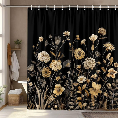 Vintage Boho Black Gold Floral Shower Curtain, Rustic Farmhouse Flower Shower Curtain Set, Cute Botanical Wlidflowers Fabric Shower Curtains Decoration, 72X72 Aesthetic Bathroom Accessories
