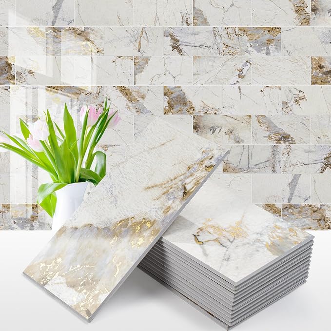 Vamos Tile 4-Piece Glossy Pandora Marble Peel and Stick Backsplash Tile | 3''x6'' Glossy Gold Veining PVC Subway Tile with White Grout,Stick on Backsplash for Kitchen/Bathroom/Laundry/Camper