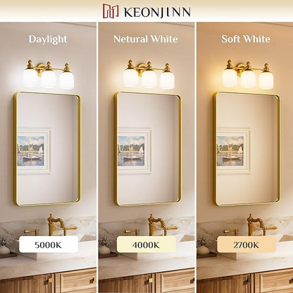 Keonjinn Gold Bathroom Light Fixtures, 3-Light Vintage Vanity Lights for Mirror with Frosted Glass Shades, UL Listed E26 Base(Bulbs Not Included), Reversible Vanity Lighting Fixtures for Bathroom