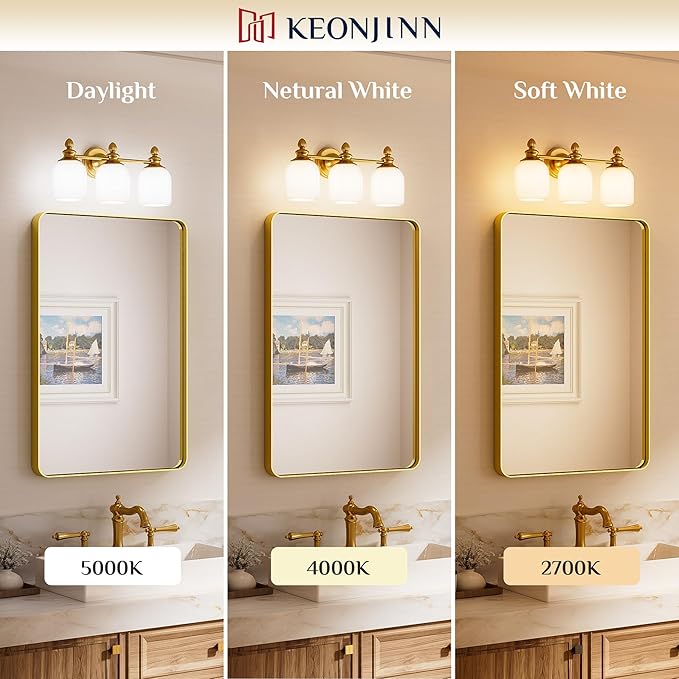 Keonjinn Gold Bathroom Light Fixtures, 4-Light Vintage Vanity Lights for Mirror with Frosted Glass Shades, UL Listed E26 Base(Bulbs Not Included), Reversible Vanity Lighting Fixtures for Bathroom