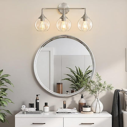 Bathroom Light Fixtures 3 Light Bathroom Vanity Light with Clear Glass Shade, 22 inch Vanity Lighting Fixtures Over Mirror, Vanity Lights Fixture (Exclude E26 Bulb) - Brushed Nickel