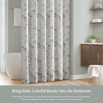Martha Stewart Meadow Floral Shower Curtain for Bathroom, 72 x 72, Green | Adds Privacy, Machine Washable, Farmhouse, OEKO-TEX Certified, Cotton-Rich Slub Texture