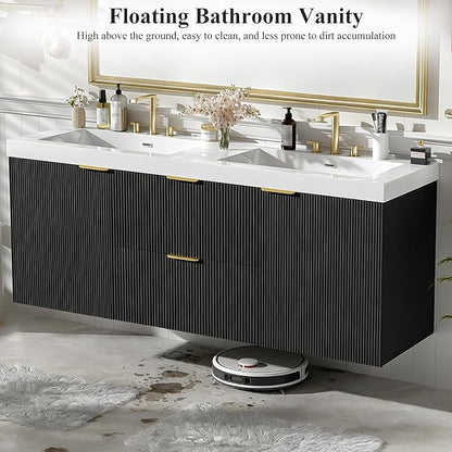 60" Bathroom Vanity with Sink Combo, Floating Double Sink Bathroom Vanity with SMC Resin Top, MDF Cabinet with Solid Wood Frame, Wall-Mounted Bath Room Vanities for Large Bathrooms(Black)