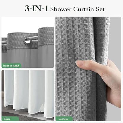 Grey Hook Free Waffle Shower Curtain & Snap-in Fabric Liner,72x75 | Less Time to install, 3 in 1 Fabric Shower Curtain and Liner Set with Magnets, Mesh Top Window, Shower Curtains for Bathroom
