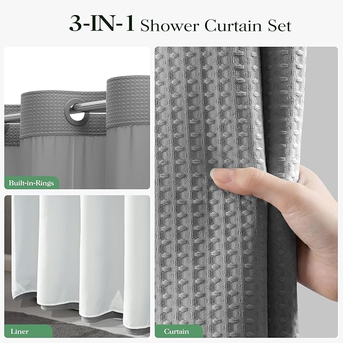 Grey Hook Free Waffle Shower Curtain & Snap-in Fabric Liner,54x81 | Less Time to install, 3 in 1 Fabric Shower Curtain and Liner Set with Magnets, Stall, Long, Shower Curtains for Bathroom