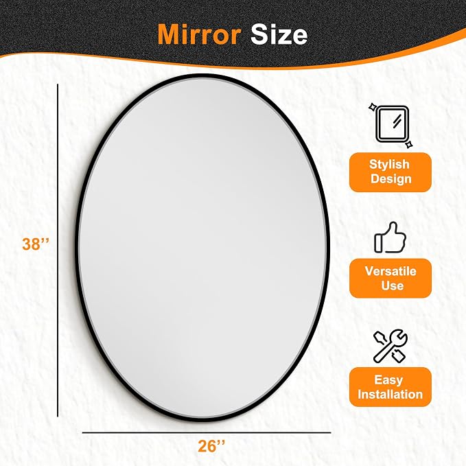 38x26 Black Oval Bathroom Mirror for Over Sink, Aluminum Frame | HD Reflection No Distortion, Aluminum Frame, Mounting Hardware for Vertical or Horizontal Mount