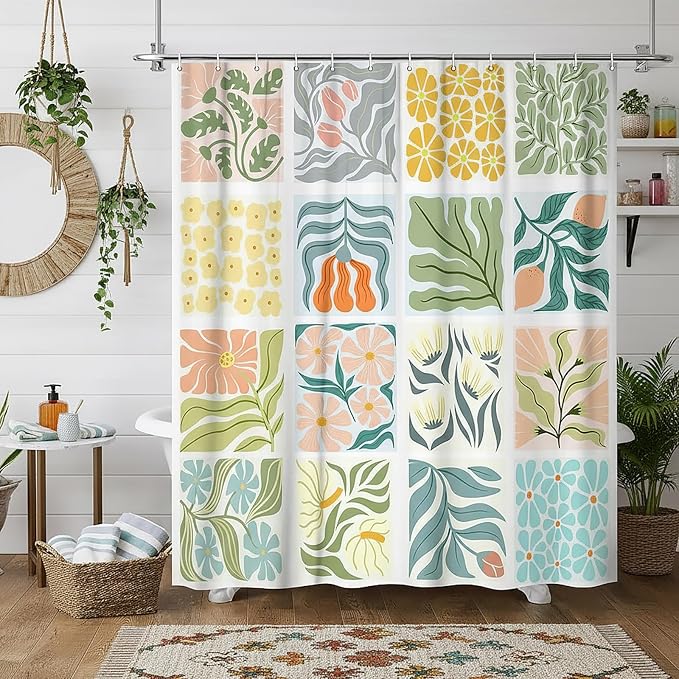 JAWO Cute Boho Floral Shower Curtain, Vintage Colorful Abstract Floral Retro Aesthetic Shower Curtain for Bathroom, Funky Unique Waterproof Fabric Polyester Bath Curtains Decor with Hooks,48Wx70H