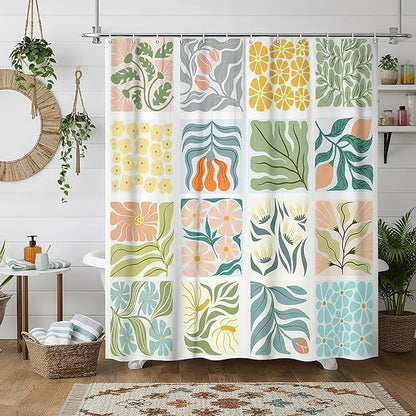 JAWO Cute Boho Floral Shower Curtain, Vintage Colorful Abstract Floral Retro Aesthetic Shower Curtain for Bathroom, Funky Unique Waterproof Fabric Polyester Bath Curtains Decor with Hooks,48Wx70H