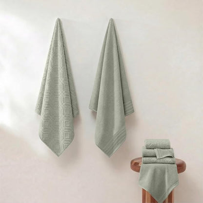 Modern Threads 6 Piece Cotton Bath Towel Set – Ultra Soft 550 GSM Towels – Bathroom Set with Hand Towels and Washcloths – Geometric (Soft Olive)