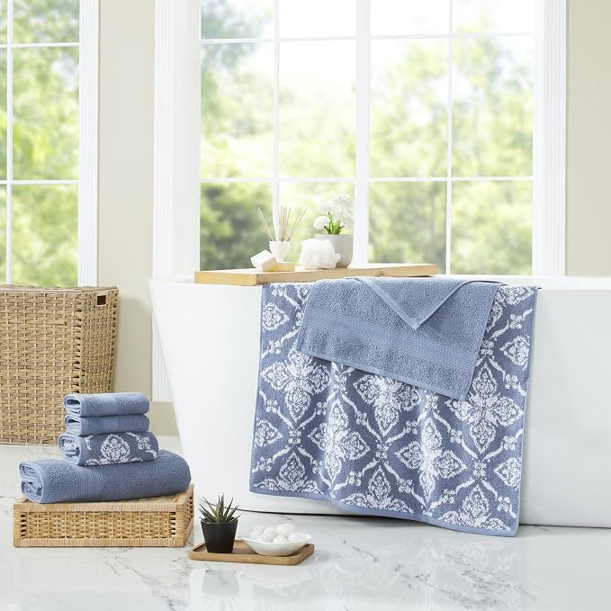 Modern Threads Amaris 6-Piece Reversible Yarn Dyed Jacquard Towel Set - Bath Towels, Hand Towels, & Washcloths - Super Absorbent & Quick Dry - 100% Combed Cotton, Denim