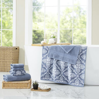 Modern Threads Amaris 6-Piece Reversible Yarn Dyed Jacquard Towel Set - Bath Towels, Hand Towels, & Washcloths - Super Absorbent & Quick Dry - 100% Combed Cotton, Denim