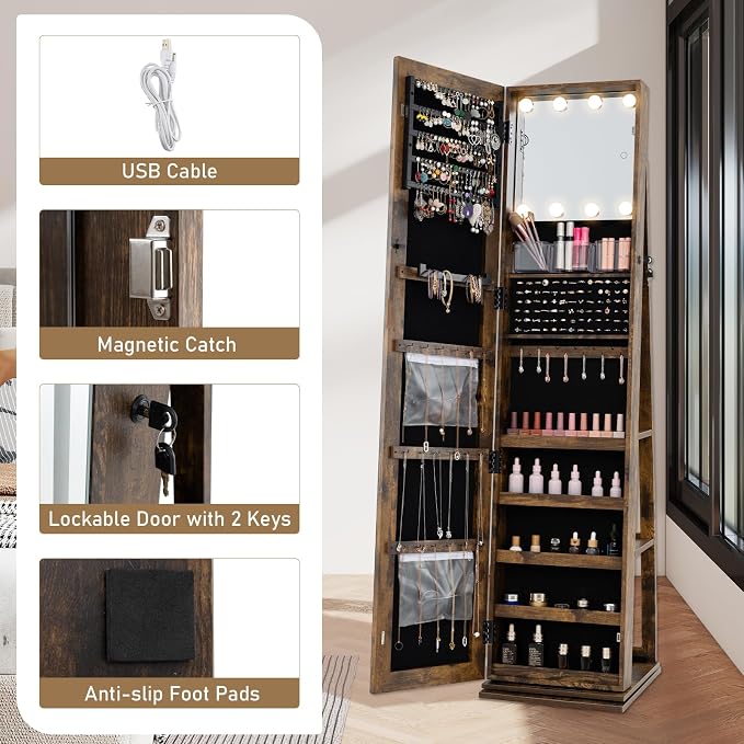 CHARMAID Swivel Jewelry Armoire with Full-Length Mirror & Lighted Makeup Mirror, 360° Rotating Jewelry Cabinet Organizer for Earrings, Rings, Necklaces, Bracelets, Back Storage Shelves (Rustic Brown)