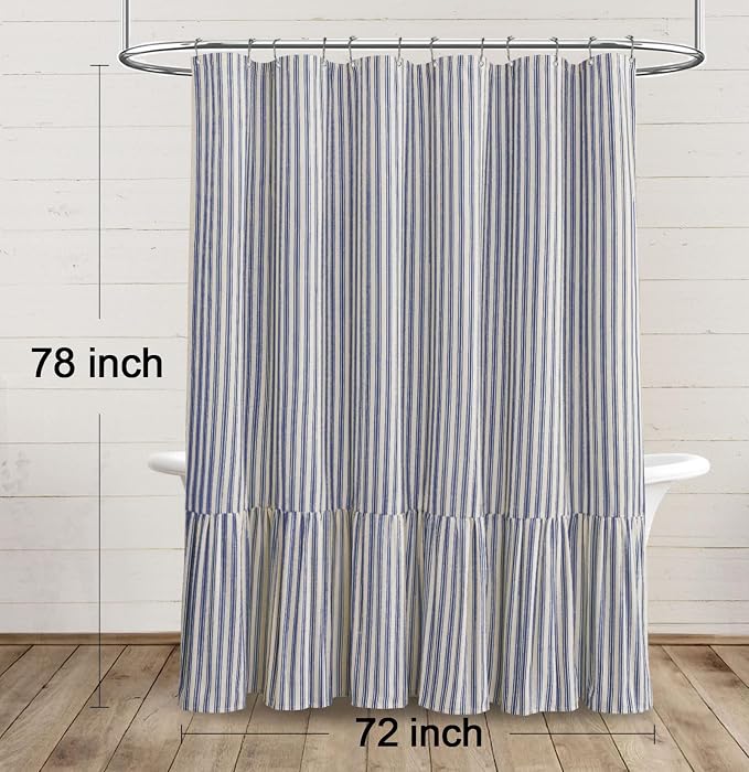Farmhouse Shower Curtain Ruffle Linen Cream-Blue Stripe 72"W x 78"L | Farmhouse Boho, Striped, Bottom Ruffle, Linen Fabric, Rustic, Country, Natural Look, Washable, for Bathroom Bathtub