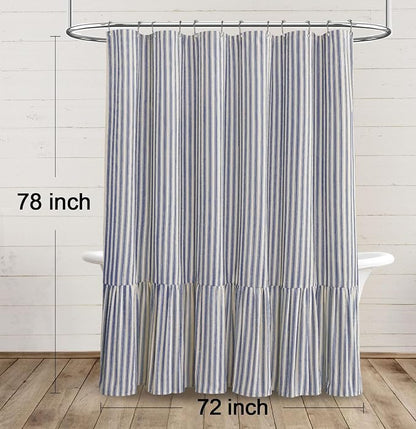 Farmhouse Shower Curtain Ruffle Linen Cream-Blue Stripe 72"W x 78"L | Farmhouse Boho, Striped, Bottom Ruffle, Linen Fabric, Rustic, Country, Natural Look, Washable, for Bathroom Bathtub
