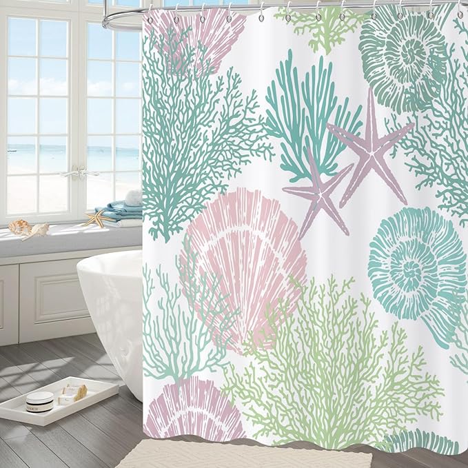Nautical Coastal Shower Curtain, Pink Green Purple Ocean Beach Seashell Starfish Themed Bathroom Curtain Waterproof Fabric Machine Washable with Hooks, 72" Wx96 L